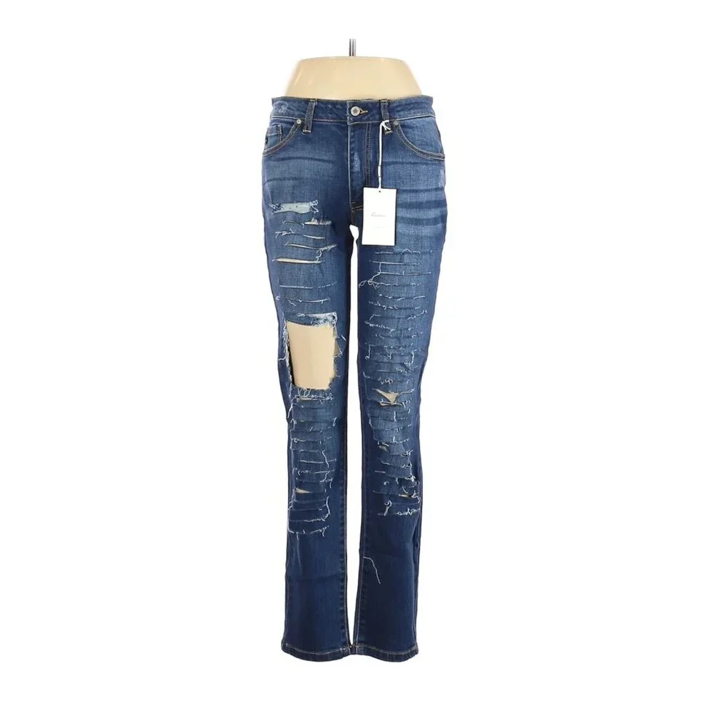 NWT Kancan Size 29 Waist Jeans Distressed Denim Cutout Straight Leg Boyfriend - Picture 1 of 2